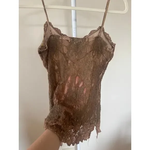 Y2K Brown Lace Sheer Back Cami Tank Top EST size S-M - Picture 4 of 4